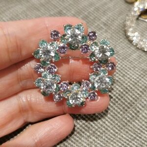 Vintage Avon Wreath Brooch with Aquamarine, Purple and White Rhinestones